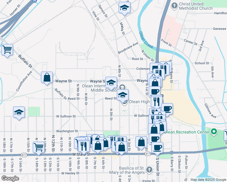 map of restaurants, bars, coffee shops, grocery stores, and more near 401 Wayne Street in Olean