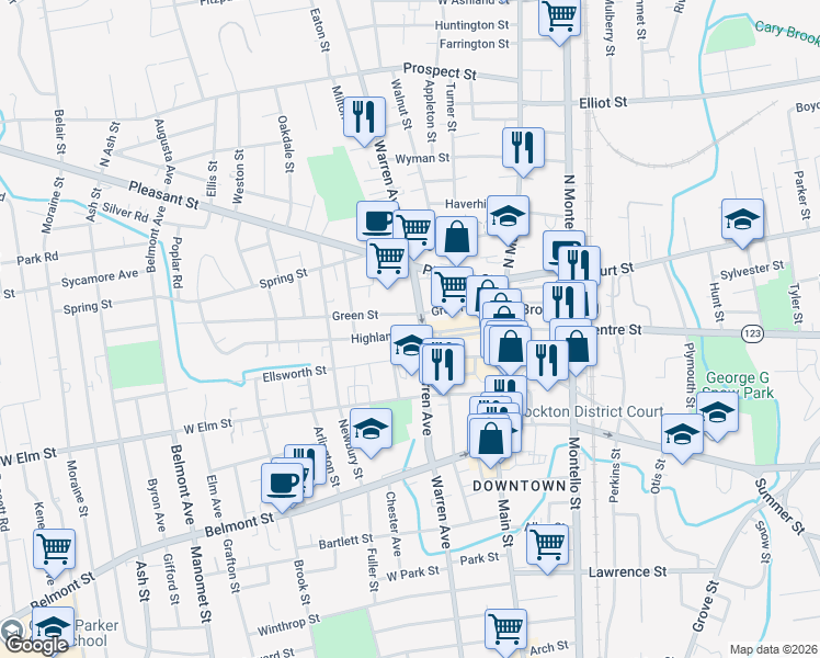 map of restaurants, bars, coffee shops, grocery stores, and more near 9 Highland Street in Brockton