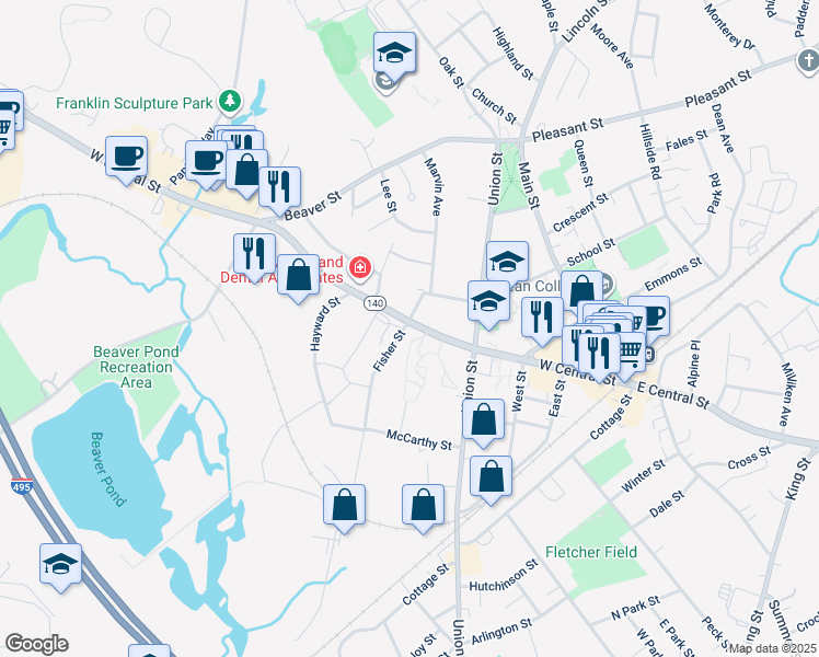 map of restaurants, bars, coffee shops, grocery stores, and more near 200 West Central Street in Franklin
