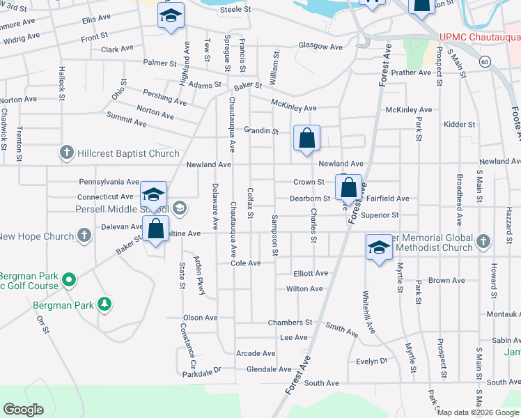 map of restaurants, bars, coffee shops, grocery stores, and more near 11 Brickel Place in Jamestown