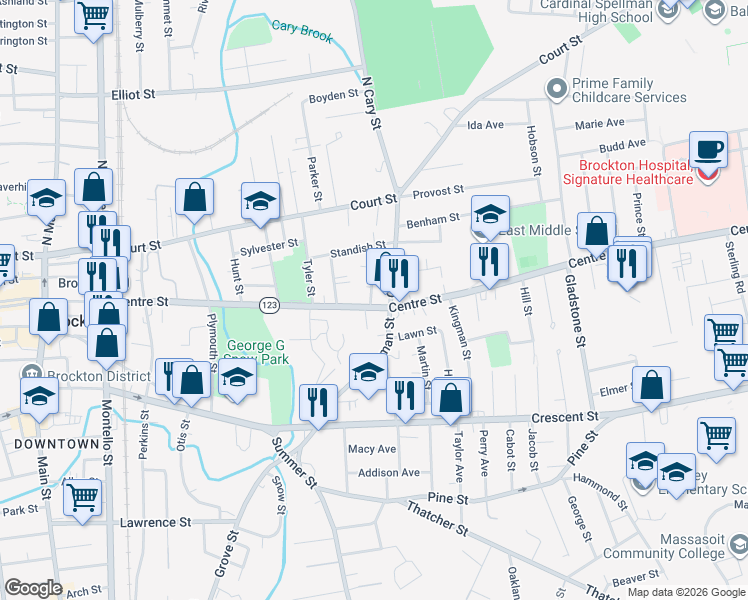 map of restaurants, bars, coffee shops, grocery stores, and more near 362 Centre Street in Brockton