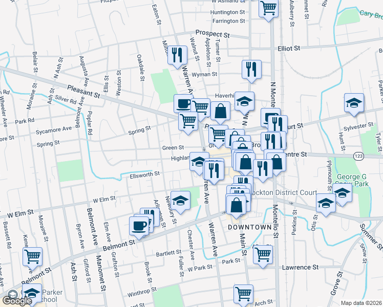 map of restaurants, bars, coffee shops, grocery stores, and more near 9 Highland Street in Brockton