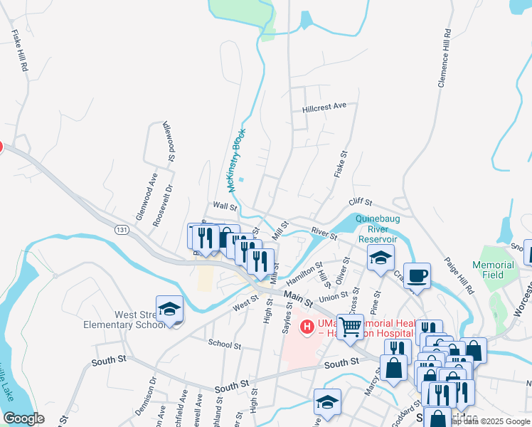map of restaurants, bars, coffee shops, grocery stores, and more near 81 Pleasant Street in Southbridge