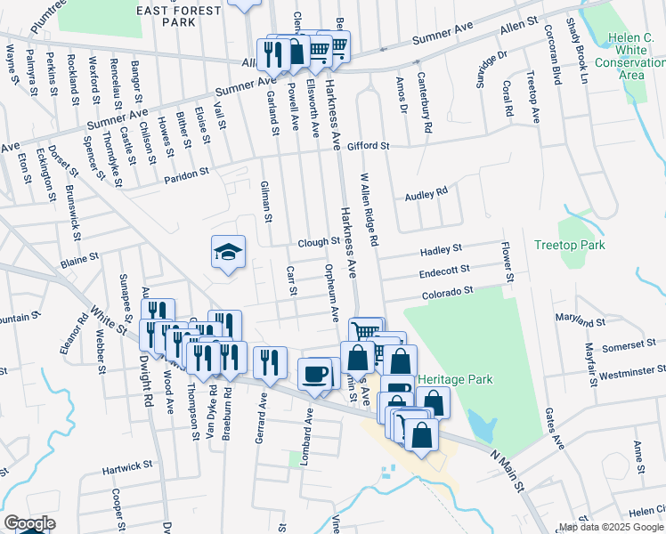 map of restaurants, bars, coffee shops, grocery stores, and more near 87-89 Orpheum Avenue in Springfield