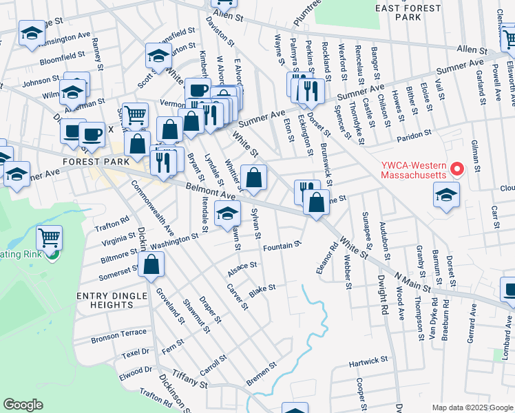 map of restaurants, bars, coffee shops, grocery stores, and more near 7 Sylvan Street in Springfield