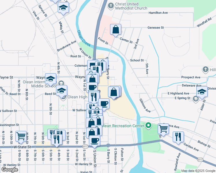 map of restaurants, bars, coffee shops, grocery stores, and more near 452 North Barry Street in Olean