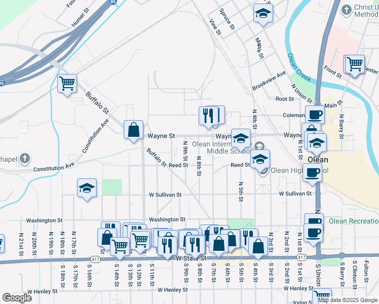 map of restaurants, bars, coffee shops, grocery stores, and more near 412 North 9th Street in Olean