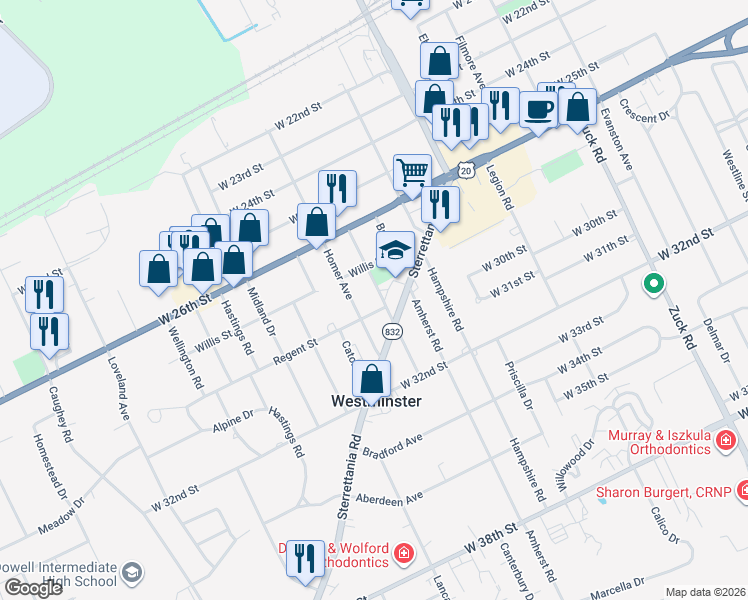 map of restaurants, bars, coffee shops, grocery stores, and more near 2801-2899 Greeley Avenue in Erie