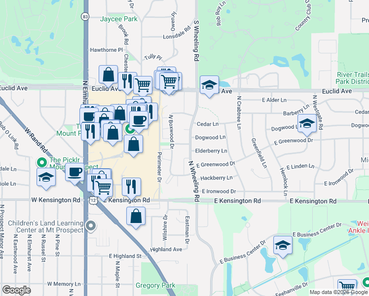 map of restaurants, bars, coffee shops, grocery stores, and more near 504 Dogwood Lane in Mount Prospect