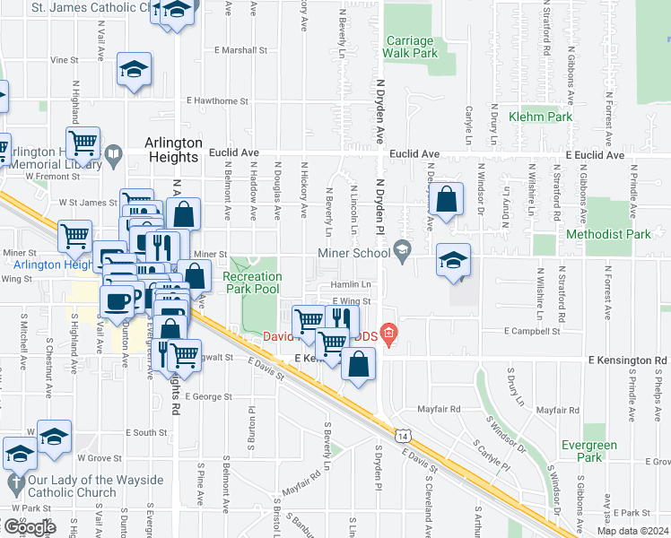 map of restaurants, bars, coffee shops, grocery stores, and more near 801 East Miner Street in Arlington Heights