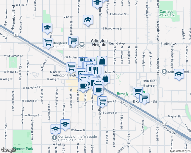 map of restaurants, bars, coffee shops, grocery stores, and more near 142 East Wing Street in Arlington Heights