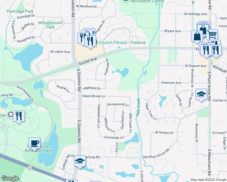 map of restaurants, bars, coffee shops, grocery stores, and more near 5505 Highland Dr in Palatine