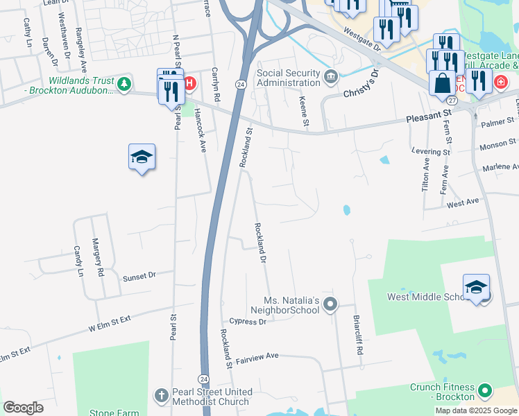 map of restaurants, bars, coffee shops, grocery stores, and more near 62 Rockland Drive in Brockton