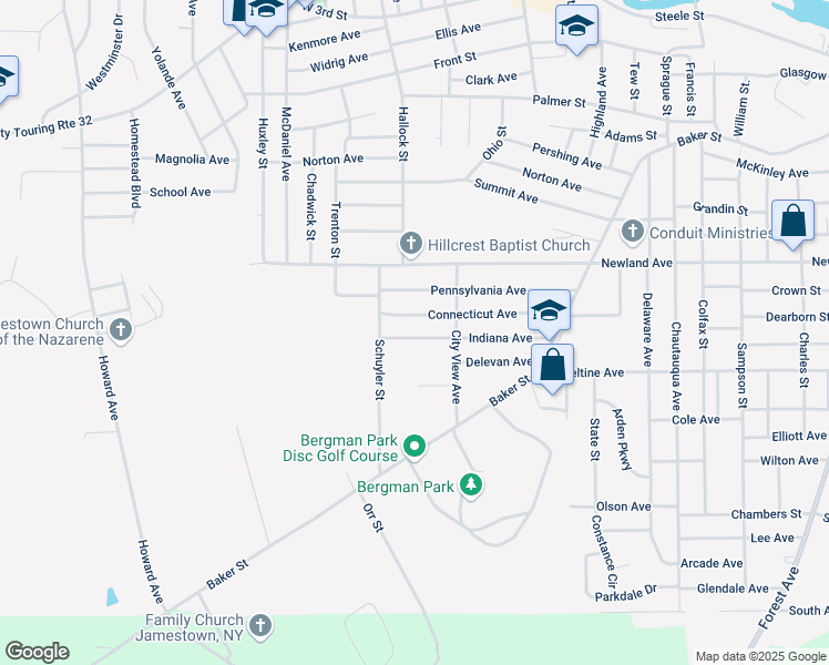 map of restaurants, bars, coffee shops, grocery stores, and more near 222 Indiana Avenue in Jamestown