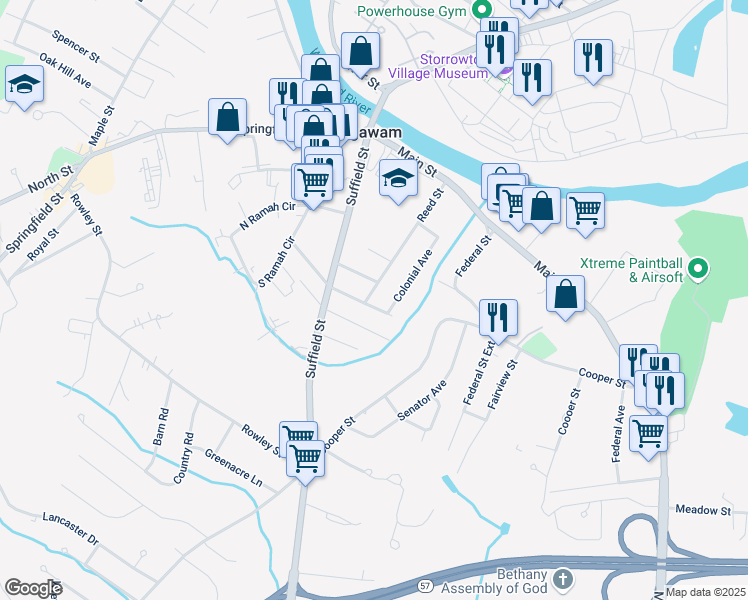 map of restaurants, bars, coffee shops, grocery stores, and more near 127 Reed Street in Agawam