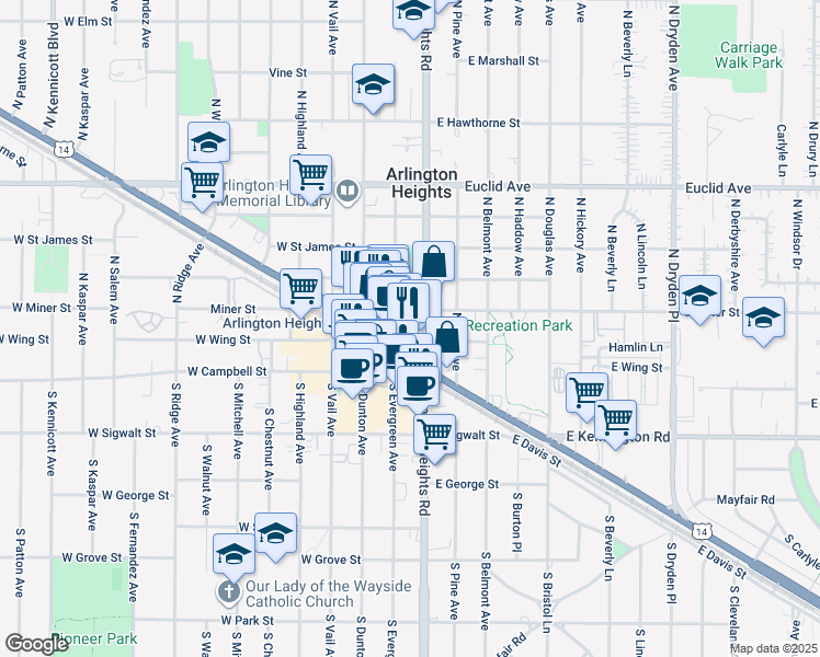 map of restaurants, bars, coffee shops, grocery stores, and more near 200 North Arlington Heights Road in Arlington Heights