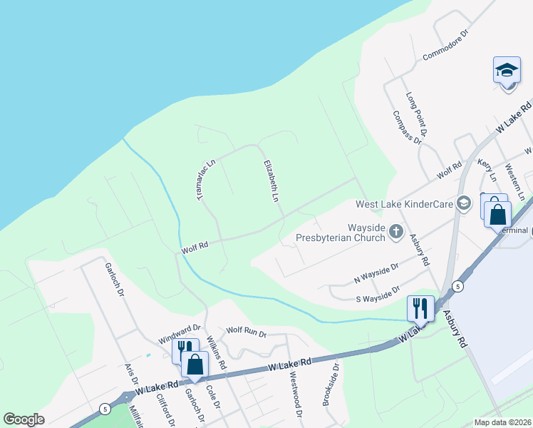 map of restaurants, bars, coffee shops, grocery stores, and more near 4950 Wolf Rd in Erie