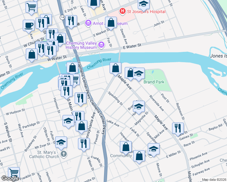 map of restaurants, bars, coffee shops, grocery stores, and more near 303 Catherine Street in Elmira