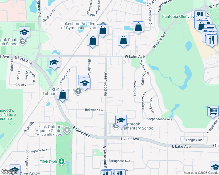 map of restaurants, bars, coffee shops, grocery stores, and more near 1605 Greenwood Road in Glenview