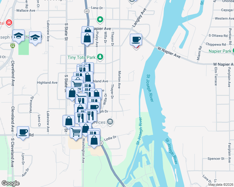 map of restaurants, bars, coffee shops, grocery stores, and more near 2816 Morton Avenue in St. Joseph