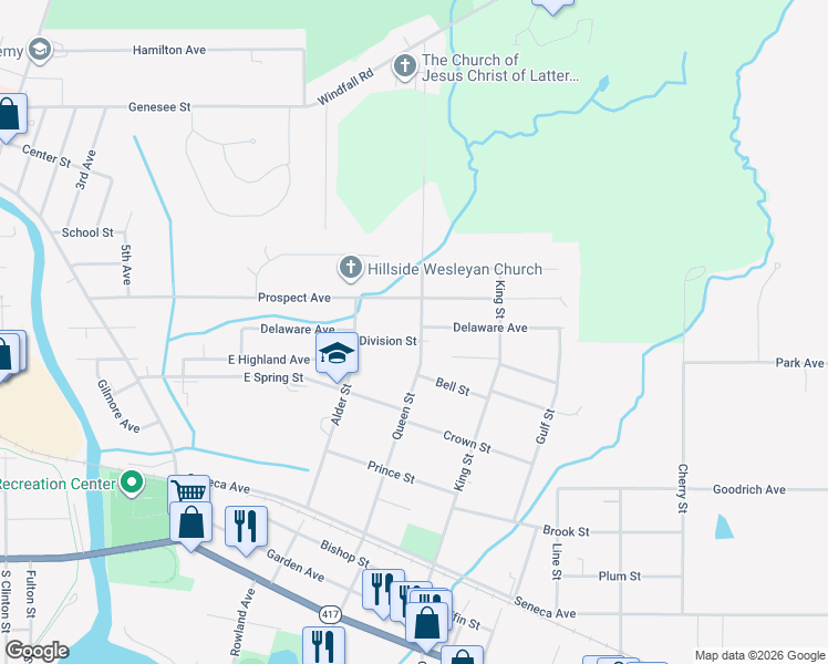 map of restaurants, bars, coffee shops, grocery stores, and more near 705 Queen Street in Olean