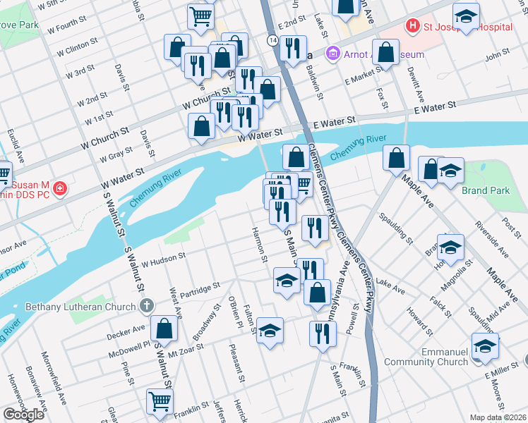 map of restaurants, bars, coffee shops, grocery stores, and more near 112 South Main Street in Elmira