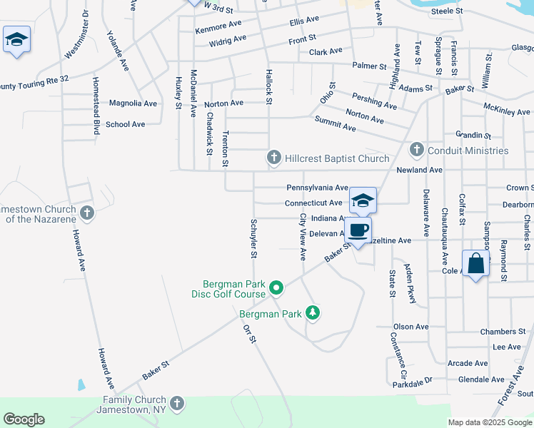 map of restaurants, bars, coffee shops, grocery stores, and more near 222 Indiana Avenue in Jamestown