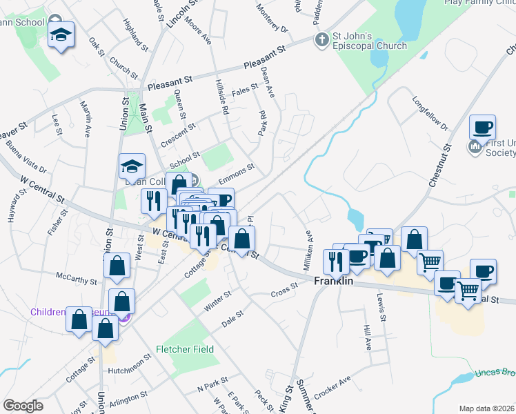map of restaurants, bars, coffee shops, grocery stores, and more near 60 Alpine Place in Franklin