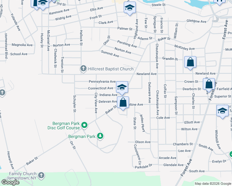 map of restaurants, bars, coffee shops, grocery stores, and more near 120 Indiana Avenue in Jamestown