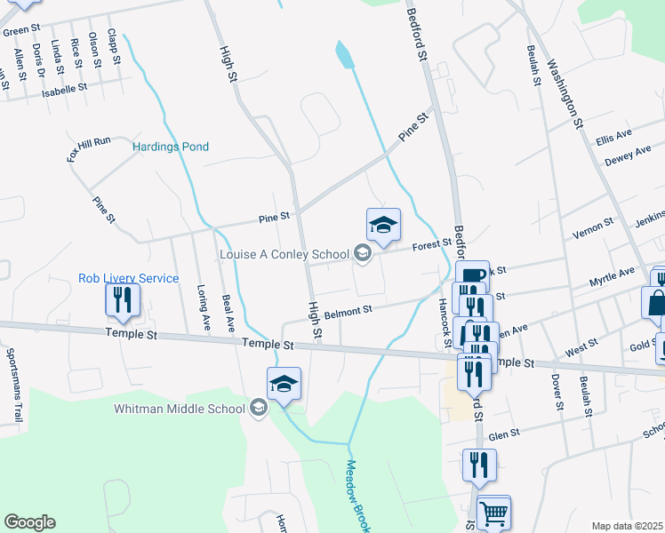 map of restaurants, bars, coffee shops, grocery stores, and more near 188 Forest Street in Whitman