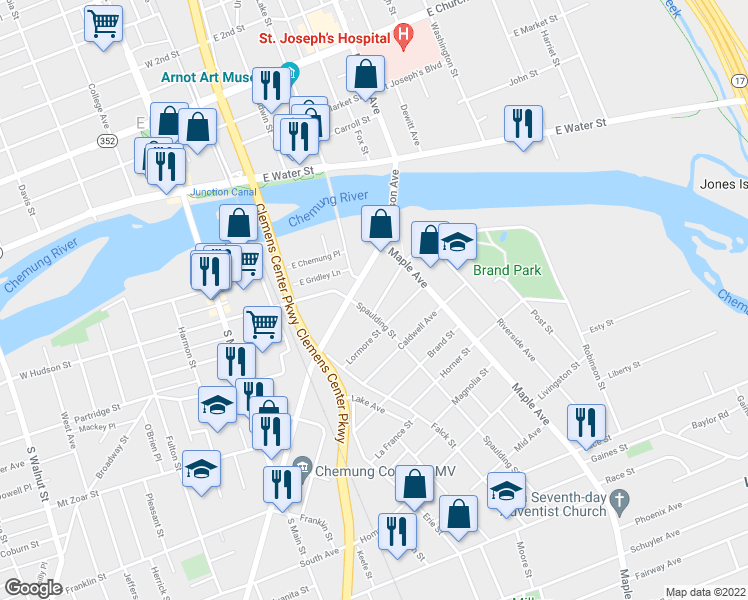 map of restaurants, bars, coffee shops, grocery stores, and more near 303 Catherine Street in Elmira