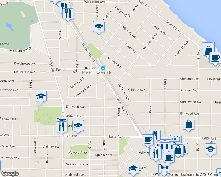 map of restaurants, bars, coffee shops, grocery stores, and more near 1237 Green Bay Road in Wilmette