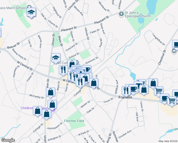 map of restaurants, bars, coffee shops, grocery stores, and more near 49 Dean Avenue in Franklin