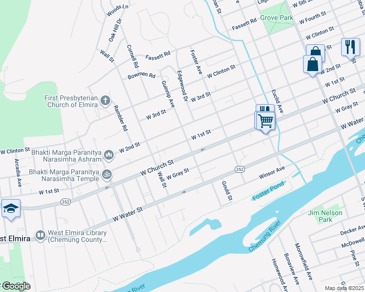 map of restaurants, bars, coffee shops, grocery stores, and more near 905 West 1st Street in Elmira