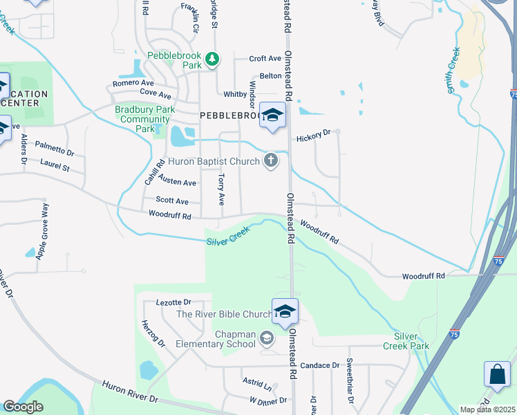 map of restaurants, bars, coffee shops, grocery stores, and more near 23262 Woodruff Road in Flat Rock