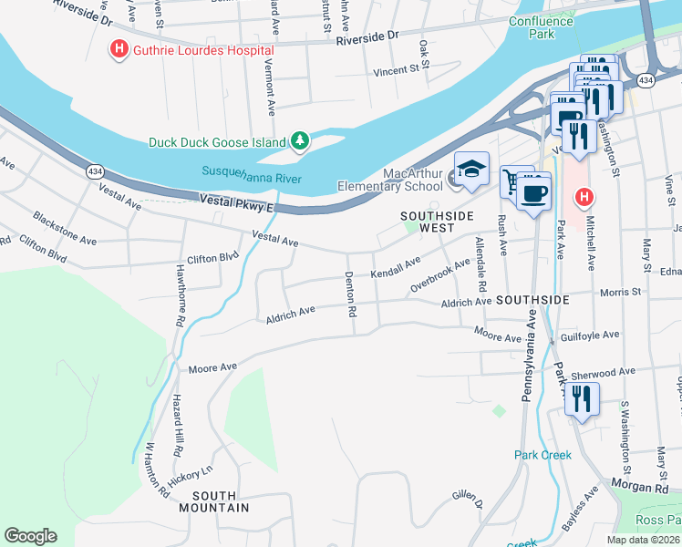 map of restaurants, bars, coffee shops, grocery stores, and more near 8 Denton Rd in Binghamton