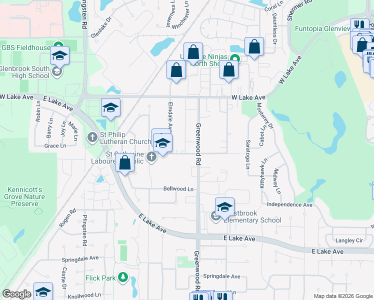 map of restaurants, bars, coffee shops, grocery stores, and more near 1556 Greenwood Road in Glenview