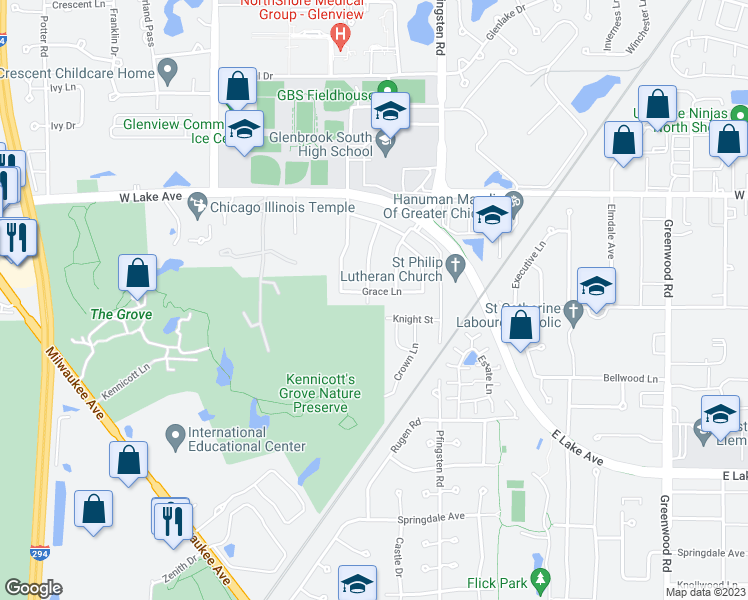 map of restaurants, bars, coffee shops, grocery stores, and more near 3849 Grace Lane in Glenview