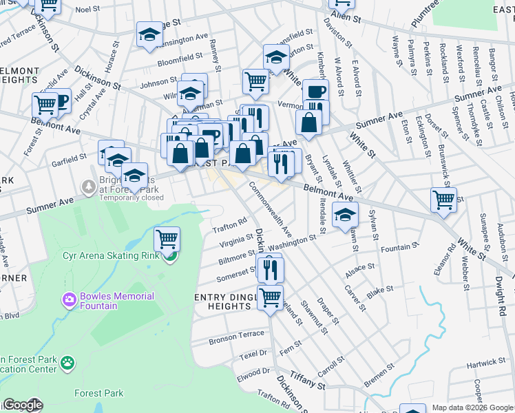 map of restaurants, bars, coffee shops, grocery stores, and more near 523 Dickinson Street in Springfield