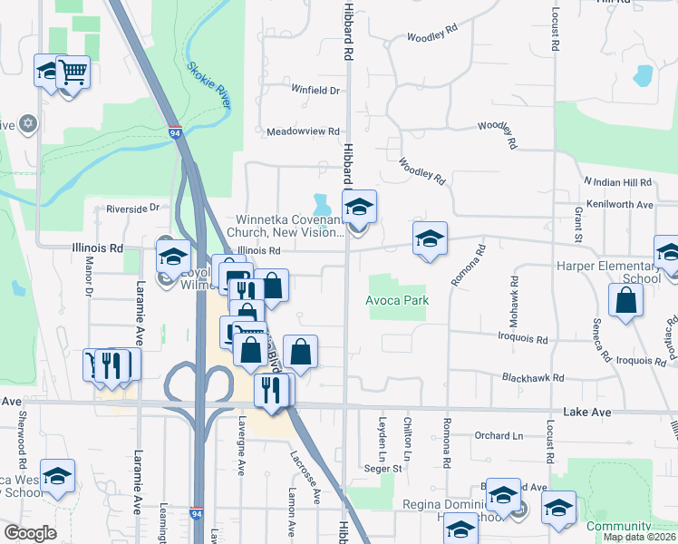 map of restaurants, bars, coffee shops, grocery stores, and more near 1121 Virginia Lane in Wilmette