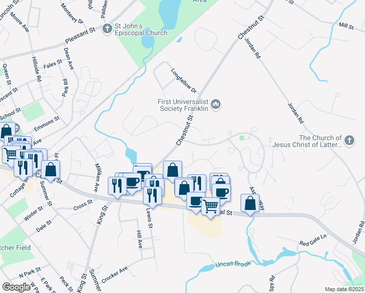 map of restaurants, bars, coffee shops, grocery stores, and more near 136 Chestnut Street in Franklin
