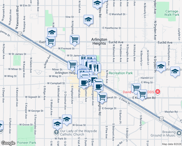map of restaurants, bars, coffee shops, grocery stores, and more near 18 East Northwest Highway in Arlington Heights