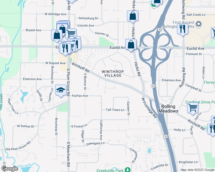 map of restaurants, bars, coffee shops, grocery stores, and more near 2430 Chapman Court in Rolling Meadows