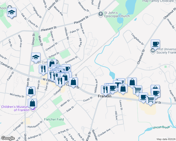 map of restaurants, bars, coffee shops, grocery stores, and more near 115 Alpine Place in Franklin
