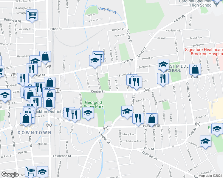 map of restaurants, bars, coffee shops, grocery stores, and more near 292 Centre Street in Brockton