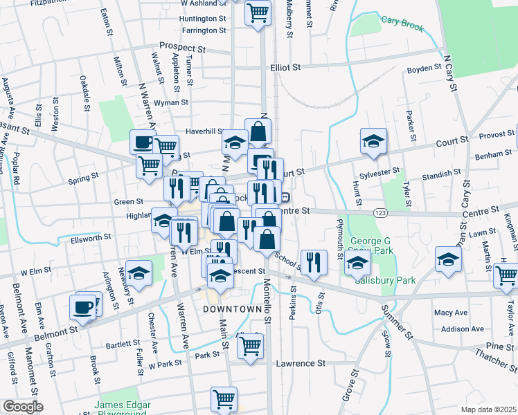 map of restaurants, bars, coffee shops, grocery stores, and more near in Brockton