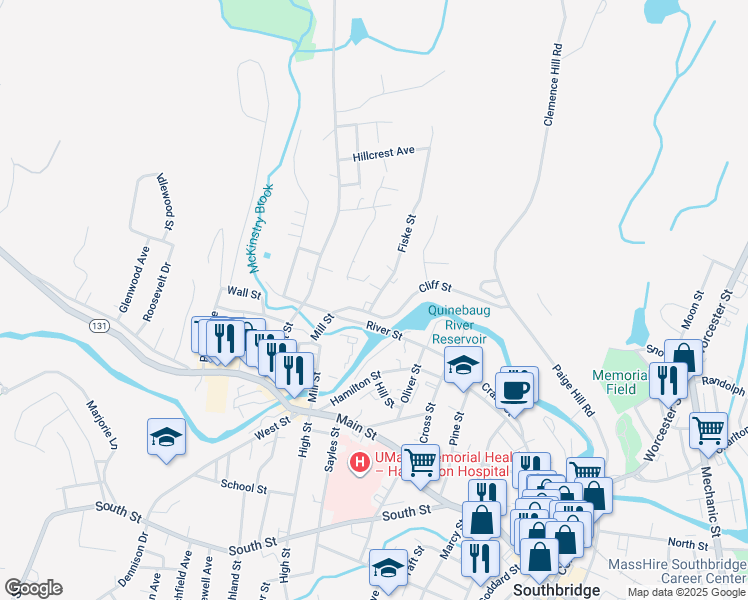 map of restaurants, bars, coffee shops, grocery stores, and more near 163 Mill Street in Southbridge