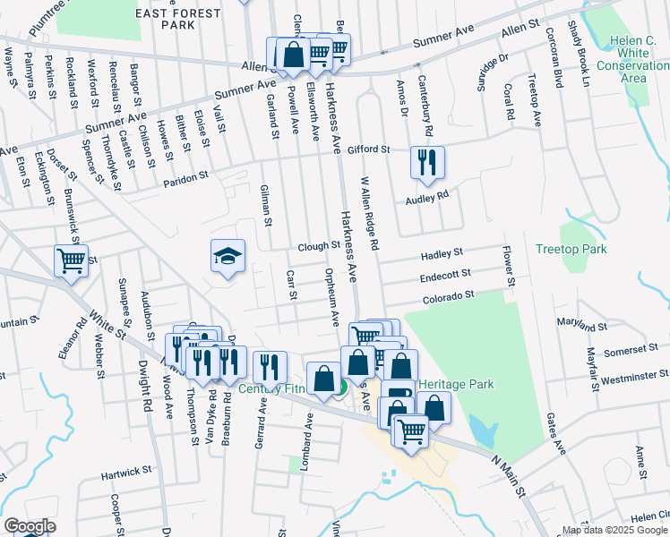 map of restaurants, bars, coffee shops, grocery stores, and more near 87-89 Orpheum Avenue in Springfield