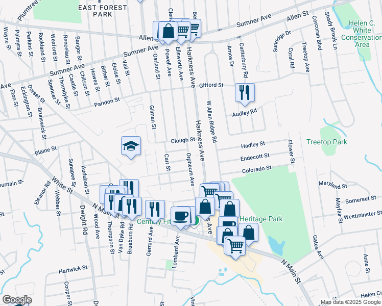 map of restaurants, bars, coffee shops, grocery stores, and more near 87-89 Orpheum Avenue in Springfield