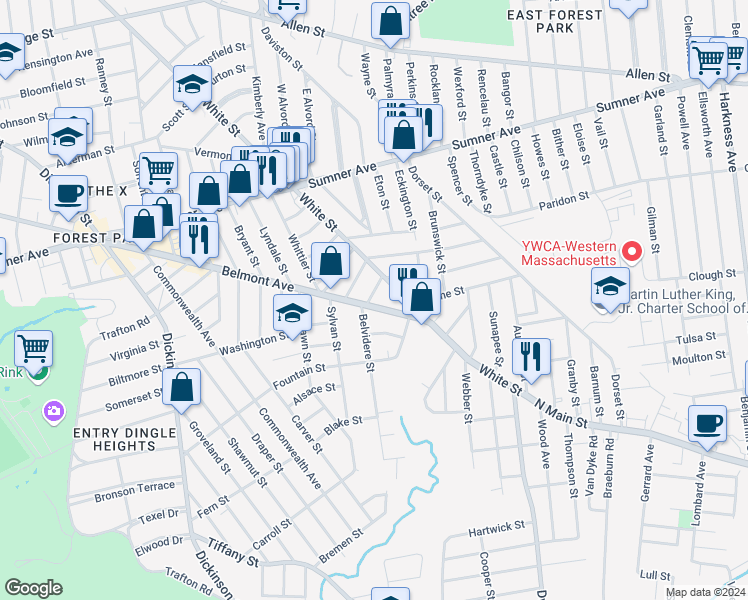map of restaurants, bars, coffee shops, grocery stores, and more near 880 Belmont Avenue in Springfield
